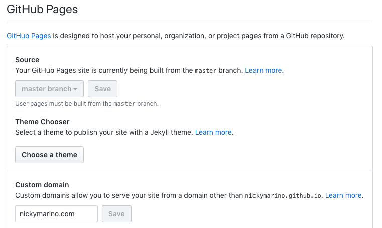 GitHub Pages settings for the repo